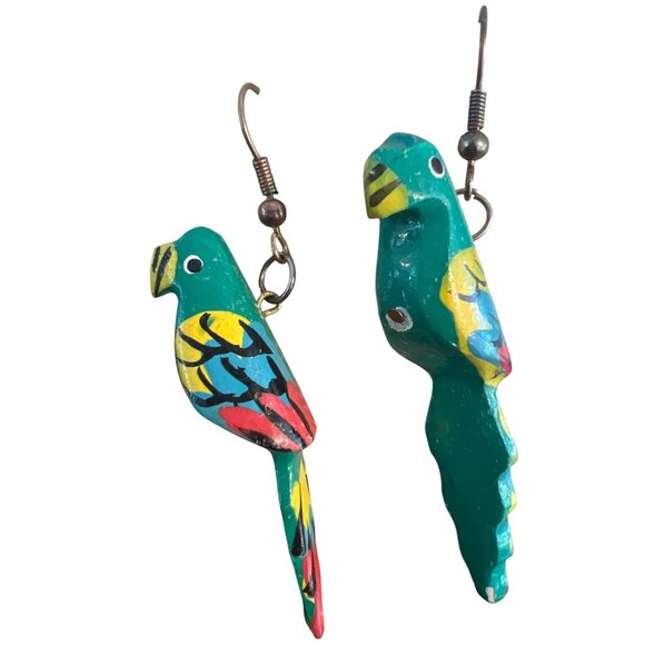 Handcrafted Tropical Bird Dangle Earrings Parrots Hooks Handpainted 2.75" 3.22g - Picture 2 of 5